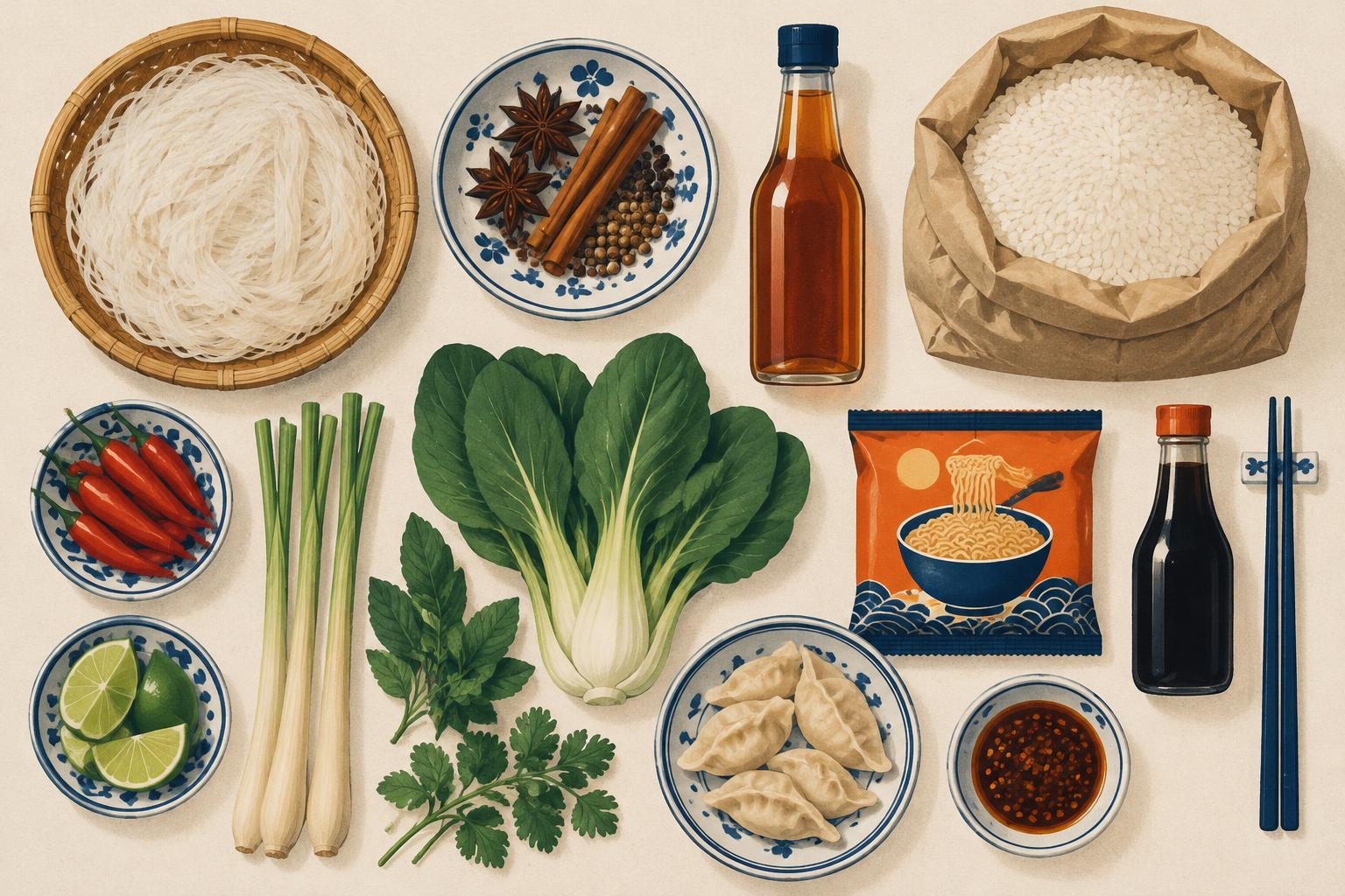 Minh hoạ các nguyên liệu Việt Nam và châu Á: bún, hồi quế, nước mắm, gạo, cải, mì gói, sủi cảo